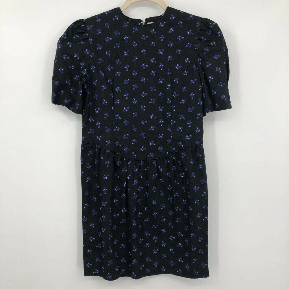 VINTAGE Grandchildren Dress 1980s Sz 14 NWT Black Blue Fleur De Lis Poof Sleeve - Picture 1 of 7